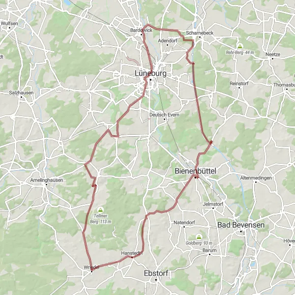 Map miniature of "Krähenberg Gravel Loop" cycling inspiration in Lüneburg, Germany. Generated by Tarmacs.app cycling route planner