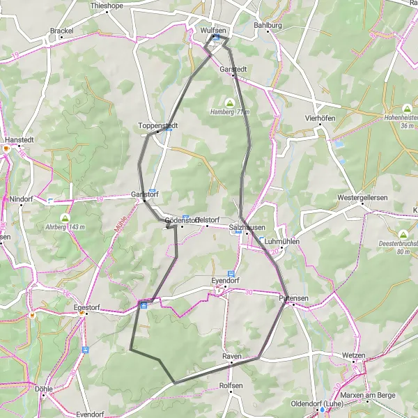 Karten-Miniaturansicht der Radinspiration "Erkundungstour um Wulfsen" in Lüneburg, Germany. Erstellt vom Tarmacs.app-Routenplaner für Radtouren