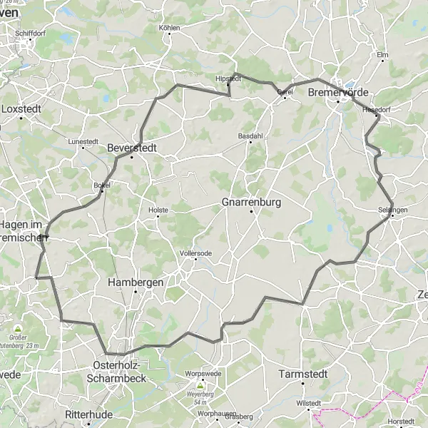 Karten-Miniaturansicht der Radinspiration "Road-Tour durch Bramstedt und Oerel" in Lüneburg, Germany. Erstellt vom Tarmacs.app-Routenplaner für Radtouren