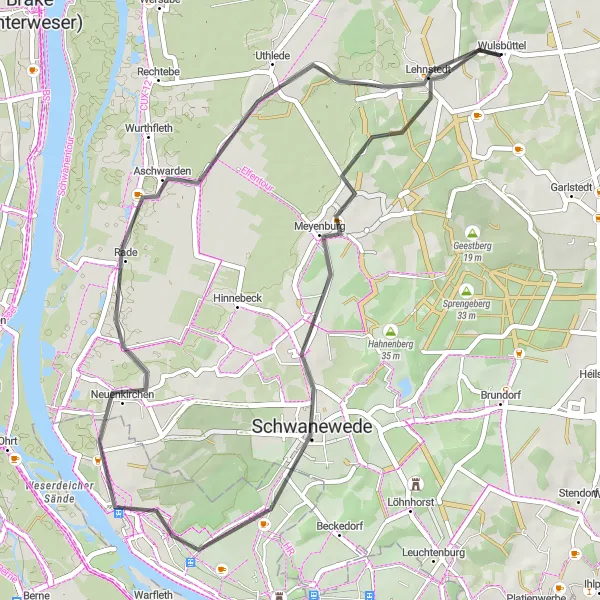 Karten-Miniaturansicht der Radinspiration "Straßenfahrt durch Schwanewede und Neuenkirchen" in Lüneburg, Germany. Erstellt vom Tarmacs.app-Routenplaner für Radtouren