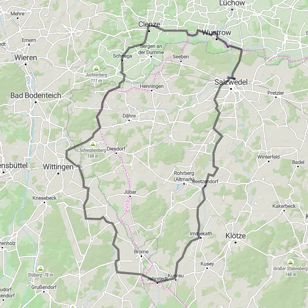 Map miniature of "Salzwedel to Clenze Road Loop" cycling inspiration in Lüneburg, Germany. Generated by Tarmacs.app cycling route planner
