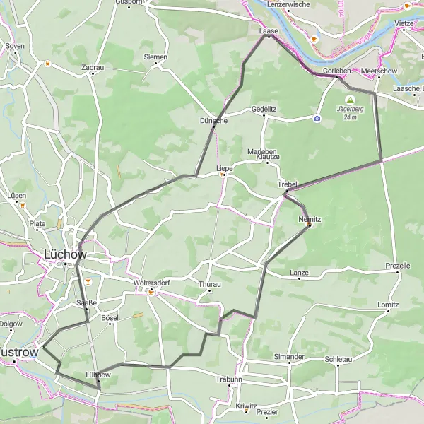 Karten-Miniaturansicht der Radinspiration "Lüchow - Jägerberg - Lübbow Rundtour (Straße)" in Lüneburg, Germany. Erstellt vom Tarmacs.app-Routenplaner für Radtouren