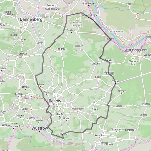 Map miniature of "The Wustrow Countryside Loop" cycling inspiration in Lüneburg, Germany. Generated by Tarmacs.app cycling route planner