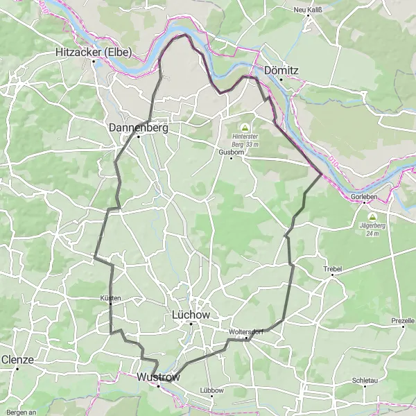 Map miniature of "Wustrow Coastal Ride" cycling inspiration in Lüneburg, Germany. Generated by Tarmacs.app cycling route planner