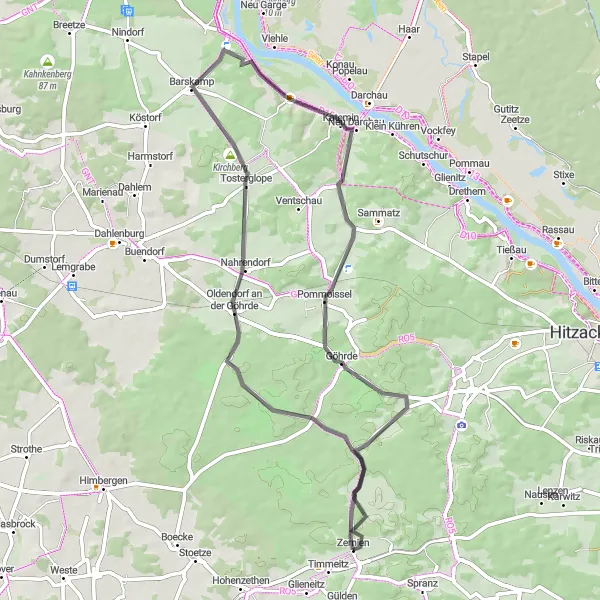 Map miniature of "Göhrde Nature Trail" cycling inspiration in Lüneburg, Germany. Generated by Tarmacs.app cycling route planner