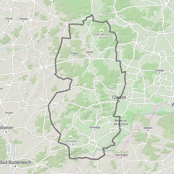 Map miniature of "Bergen Scenic Route" cycling inspiration in Lüneburg, Germany. Generated by Tarmacs.app cycling route planner