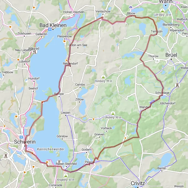 Map miniature of "Bibow Gravel Adventure" cycling inspiration in Mecklenburg-Vorpommern, Germany. Generated by Tarmacs.app cycling route planner