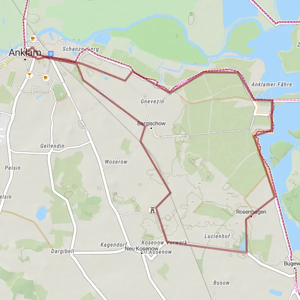 Map miniature of "Anklamer Fähre Loop" cycling inspiration in Mecklenburg-Vorpommern, Germany. Generated by Tarmacs.app cycling route planner