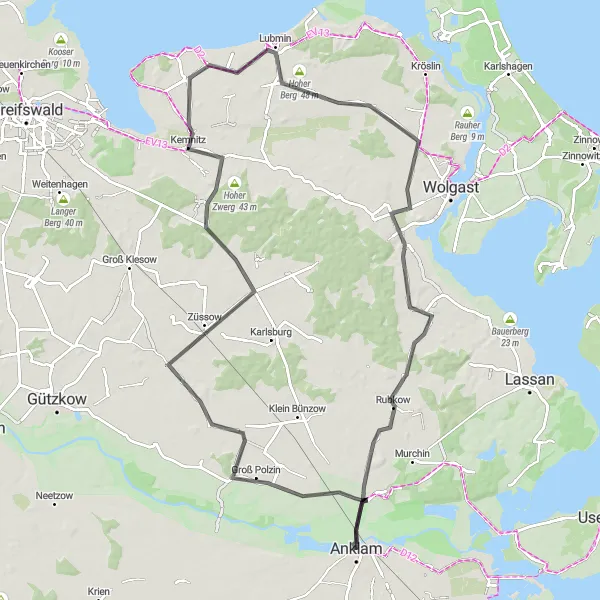 Map miniature of "Züssow and Lubmin Circuit" cycling inspiration in Mecklenburg-Vorpommern, Germany. Generated by Tarmacs.app cycling route planner