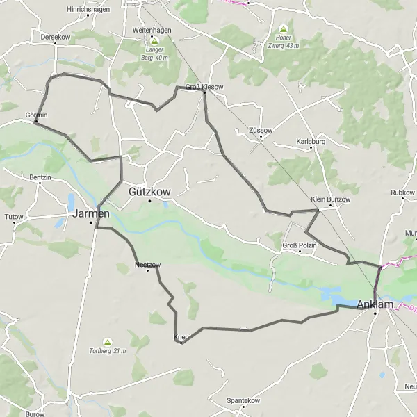 Map miniature of "Jarmen and Schmatzin Loop" cycling inspiration in Mecklenburg-Vorpommern, Germany. Generated by Tarmacs.app cycling route planner