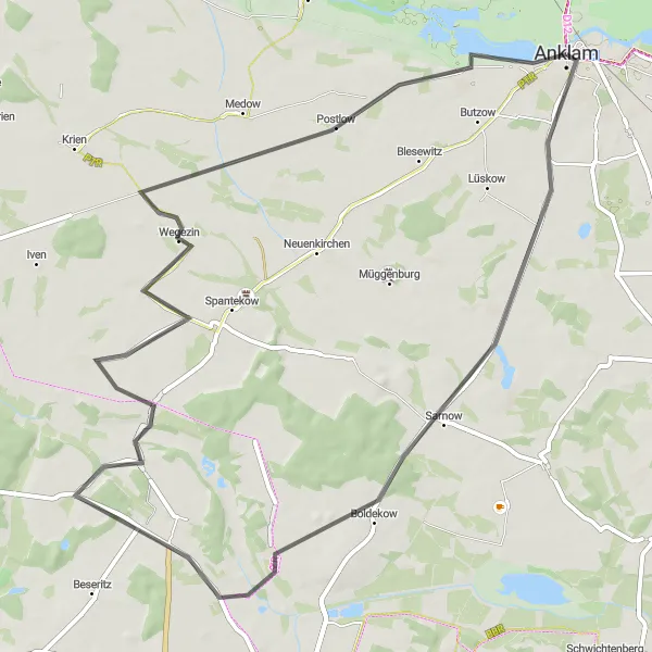 Map miniature of "Rural Mecklenburg-Vorpommern Route" cycling inspiration in Mecklenburg-Vorpommern, Germany. Generated by Tarmacs.app cycling route planner