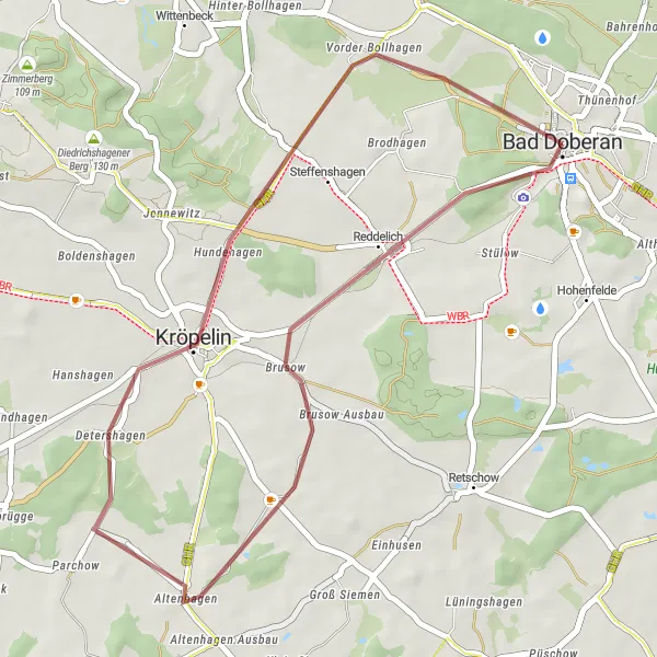 Map miniature of "Kröpelin Gravel Cycling Route" cycling inspiration in Mecklenburg-Vorpommern, Germany. Generated by Tarmacs.app cycling route planner