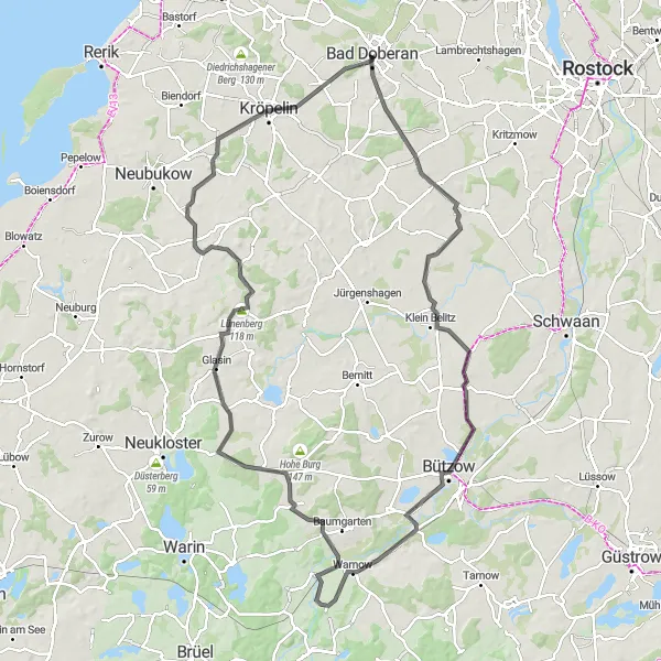 Karten-Miniaturansicht der Radinspiration "Road Trip durch Hohenfelde und Bützow" in Mecklenburg-Vorpommern, Germany. Erstellt vom Tarmacs.app-Routenplaner für Radtouren