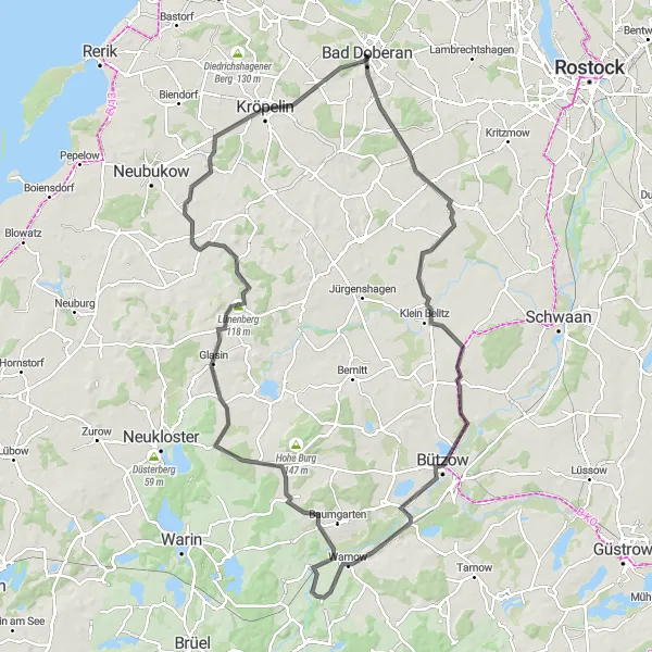 Map miniature of "Bützow Road Cycling Route" cycling inspiration in Mecklenburg-Vorpommern, Germany. Generated by Tarmacs.app cycling route planner