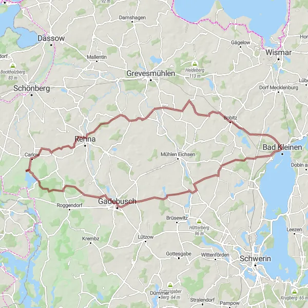 Karten-Miniaturansicht der Radinspiration "Radtour um Bad Kleinen - Abenteuer auf Schotterpisten" in Mecklenburg-Vorpommern, Germany. Erstellt vom Tarmacs.app-Routenplaner für Radtouren