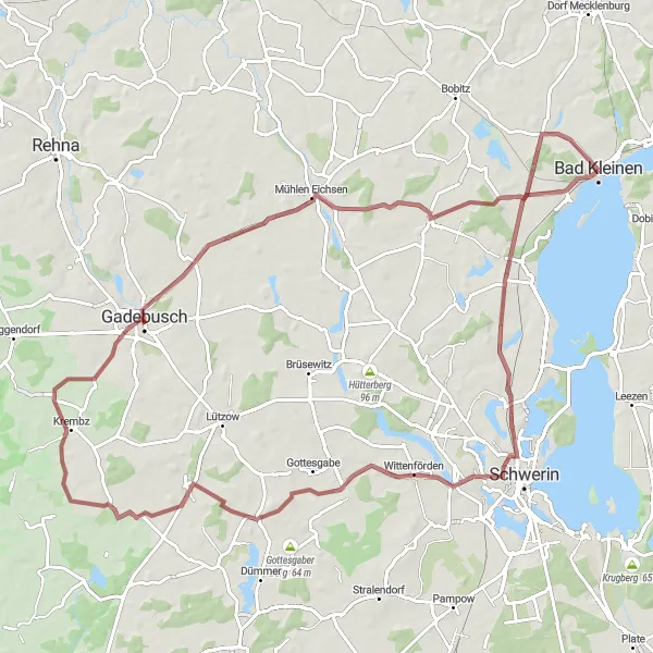 Map miniature of "Gravel Route through Nature and Villages" cycling inspiration in Mecklenburg-Vorpommern, Germany. Generated by Tarmacs.app cycling route planner