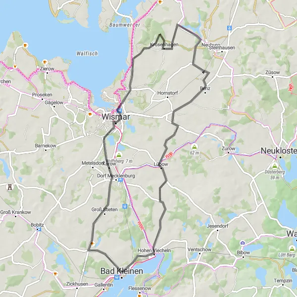 Map miniature of "Road Route through Bad Kleinen" cycling inspiration in Mecklenburg-Vorpommern, Germany. Generated by Tarmacs.app cycling route planner