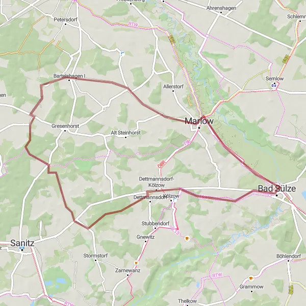 Map miniature of "Dettmannsdorf - Marlow Gravel Loop" cycling inspiration in Mecklenburg-Vorpommern, Germany. Generated by Tarmacs.app cycling route planner
