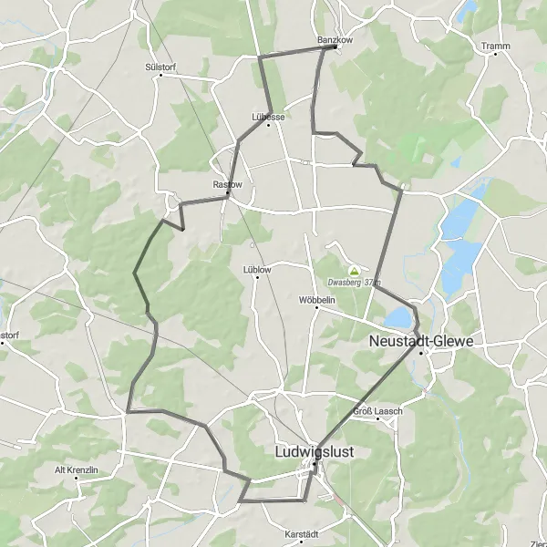 Karten-Miniaturansicht der Radinspiration "Banzkow - Neustadt-Glewe - Uelitz Radtour" in Mecklenburg-Vorpommern, Germany. Erstellt vom Tarmacs.app-Routenplaner für Radtouren