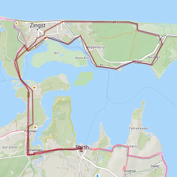 Map miniature of "Countryside Gravel Ride to Kirr, Zingst, Pruchten, and Back" cycling inspiration in Mecklenburg-Vorpommern, Germany. Generated by Tarmacs.app cycling route planner