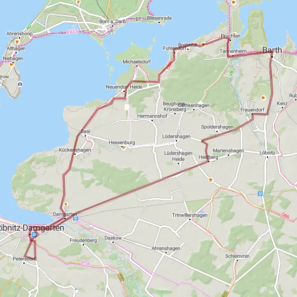 Map miniature of "Coastal Gravel Route to Saal, Fuhlendorf, Pruchten, and Back" cycling inspiration in Mecklenburg-Vorpommern, Germany. Generated by Tarmacs.app cycling route planner