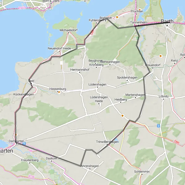 Map miniature of "Barth and Beyond" cycling inspiration in Mecklenburg-Vorpommern, Germany. Generated by Tarmacs.app cycling route planner