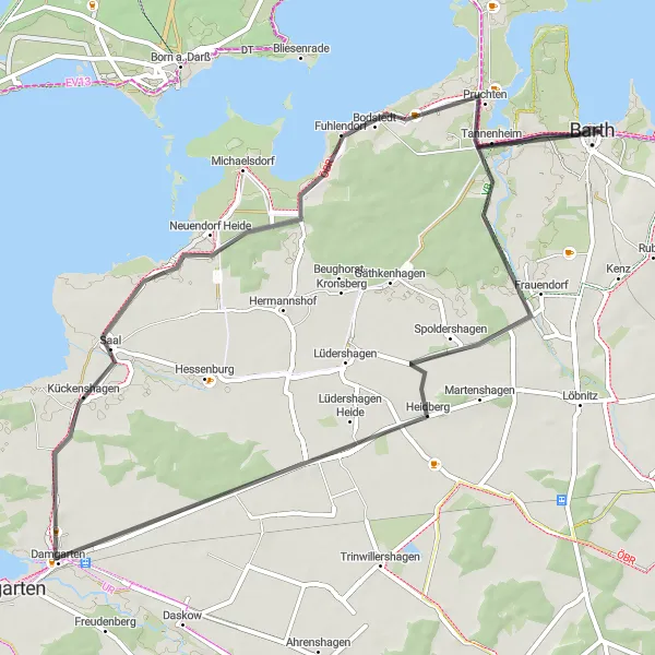Map miniature of "Exploring Tannenheim, Saal, Pruchten, and Barth" cycling inspiration in Mecklenburg-Vorpommern, Germany. Generated by Tarmacs.app cycling route planner