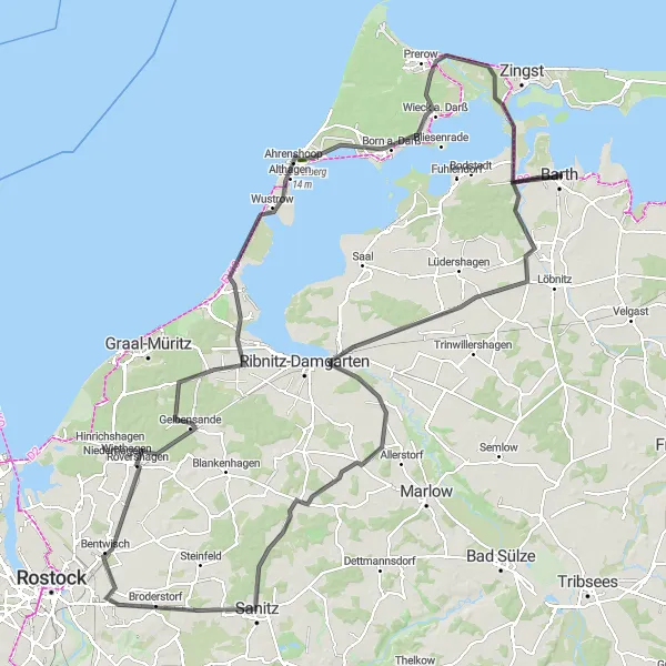 Map miniature of "Barth to Carlewitz, Sanitz, Mönchhagen, Wieck a. Darß, Hohe Düne, Pruchten, and Back" cycling inspiration in Mecklenburg-Vorpommern, Germany. Generated by Tarmacs.app cycling route planner