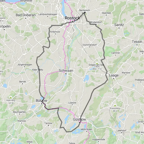 Map miniature of "Bentwisch 116 km Road Route" cycling inspiration in Mecklenburg-Vorpommern, Germany. Generated by Tarmacs.app cycling route planner