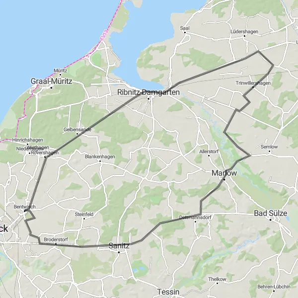 Map miniature of "Bentwisch 92 km Road Route" cycling inspiration in Mecklenburg-Vorpommern, Germany. Generated by Tarmacs.app cycling route planner