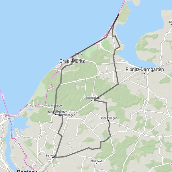 Karten-Miniaturansicht der Radinspiration "Radtour vom Meer ins Binnenland" in Mecklenburg-Vorpommern, Germany. Erstellt vom Tarmacs.app-Routenplaner für Radtouren