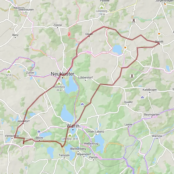 Map miniature of "The Nature Escape Gravel Circuit" cycling inspiration in Mecklenburg-Vorpommern, Germany. Generated by Tarmacs.app cycling route planner