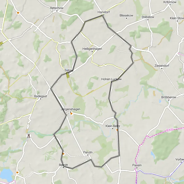 Map miniature of "Charming Countryside Exploration" cycling inspiration in Mecklenburg-Vorpommern, Germany. Generated by Tarmacs.app cycling route planner