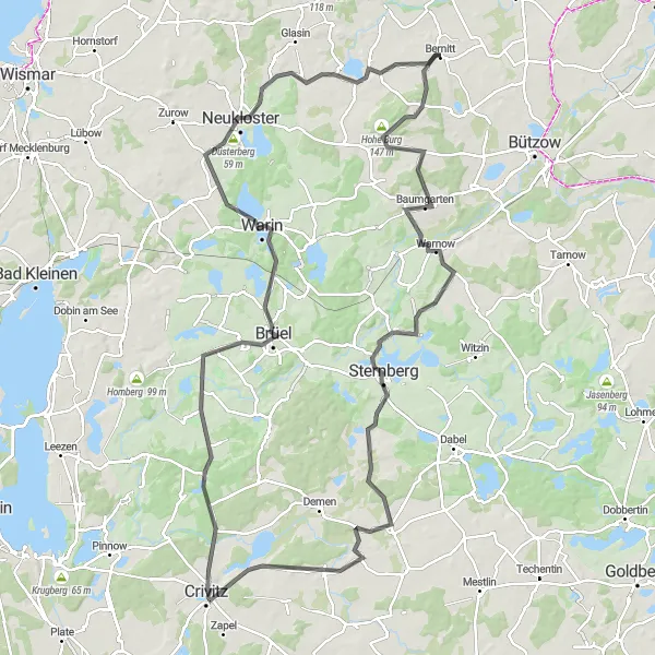 Karten-Miniaturansicht der Radinspiration "Hügelige Straßen umrunden Bernitt" in Mecklenburg-Vorpommern, Germany. Erstellt vom Tarmacs.app-Routenplaner für Radtouren