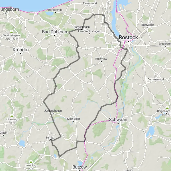 Karten-Miniaturansicht der Radinspiration "Rundfahrt von Bernitt nach Satow und Bargeshagen" in Mecklenburg-Vorpommern, Germany. Erstellt vom Tarmacs.app-Routenplaner für Radtouren