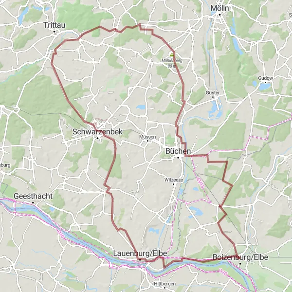 Map miniature of "Boizenburg Gravel Adventure" cycling inspiration in Mecklenburg-Vorpommern, Germany. Generated by Tarmacs.app cycling route planner