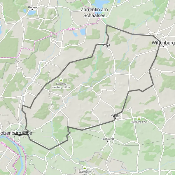 Karten-Miniaturansicht der Radinspiration "Entlang der Elbe nach Wittenburg" in Mecklenburg-Vorpommern, Germany. Erstellt vom Tarmacs.app-Routenplaner für Radtouren