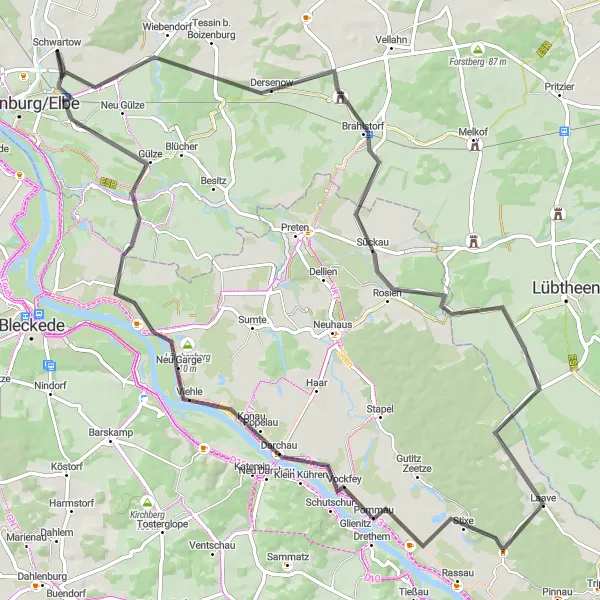 Karten-Miniaturansicht der Radinspiration "Die große Road-Tour entlang malerischer Dörfer" in Mecklenburg-Vorpommern, Germany. Erstellt vom Tarmacs.app-Routenplaner für Radtouren