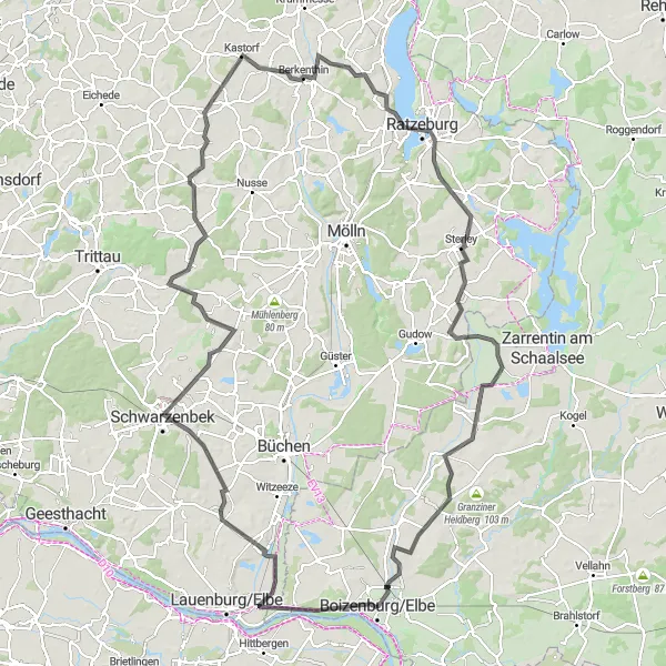 Map miniature of "The Elwkieker Loop" cycling inspiration in Mecklenburg-Vorpommern, Germany. Generated by Tarmacs.app cycling route planner