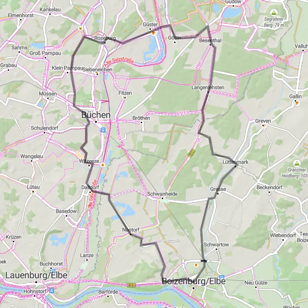 Map miniature of "Road Cycling Adventure around Boizenburg" cycling inspiration in Mecklenburg-Vorpommern, Germany. Generated by Tarmacs.app cycling route planner