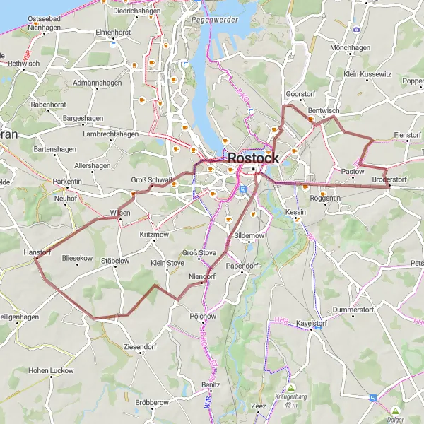 Map miniature of "Rostock to Astronomische Uhr Gravel Cycling Route" cycling inspiration in Mecklenburg-Vorpommern, Germany. Generated by Tarmacs.app cycling route planner