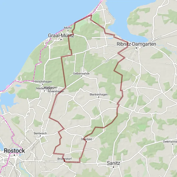 Map miniature of "Mönchhagen to Rostocker Wulfshagen Gravel Cycling Route" cycling inspiration in Mecklenburg-Vorpommern, Germany. Generated by Tarmacs.app cycling route planner