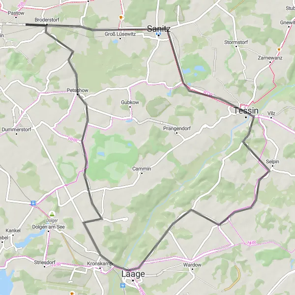 Map miniature of "Sanitz and Laage Loop" cycling inspiration in Mecklenburg-Vorpommern, Germany. Generated by Tarmacs.app cycling route planner