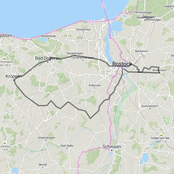 Map miniature of "Road Cycling Tour from Rostock to Bad Doberan" cycling inspiration in Mecklenburg-Vorpommern, Germany. Generated by Tarmacs.app cycling route planner