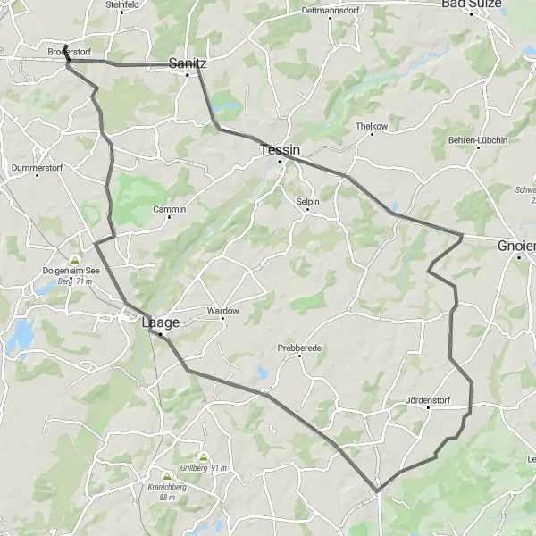 Map miniature of "Challenging Ride to Thürkow" cycling inspiration in Mecklenburg-Vorpommern, Germany. Generated by Tarmacs.app cycling route planner