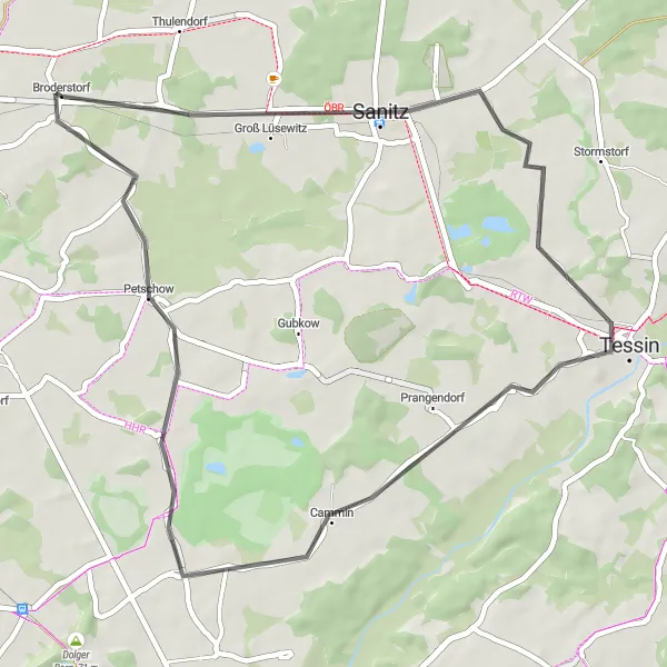 Map miniature of "Sanitz and Cammin Loop" cycling inspiration in Mecklenburg-Vorpommern, Germany. Generated by Tarmacs.app cycling route planner