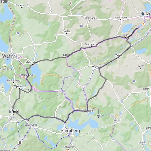 Karten-Miniaturansicht der Radinspiration "Radtour entlang der Warnow" in Mecklenburg-Vorpommern, Germany. Erstellt vom Tarmacs.app-Routenplaner für Radtouren