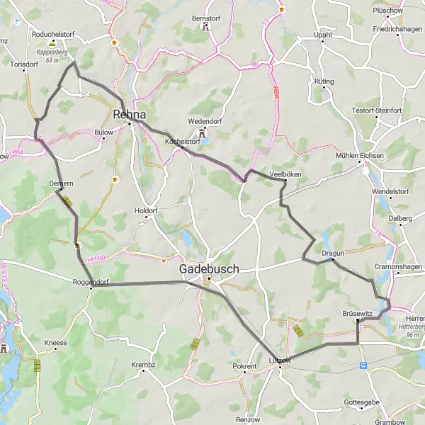 Map miniature of "Lützow Loop" cycling inspiration in Mecklenburg-Vorpommern, Germany. Generated by Tarmacs.app cycling route planner