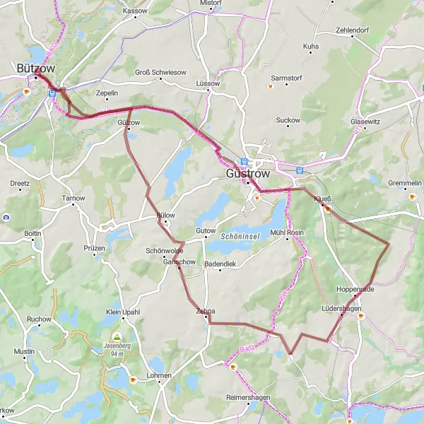 Map miniature of "The Nebel Valley and Historical Treasures" cycling inspiration in Mecklenburg-Vorpommern, Germany. Generated by Tarmacs.app cycling route planner