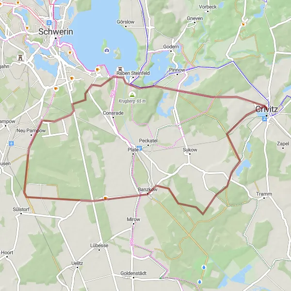 Map miniature of "Crivitz to Schwerin Loop" cycling inspiration in Mecklenburg-Vorpommern, Germany. Generated by Tarmacs.app cycling route planner